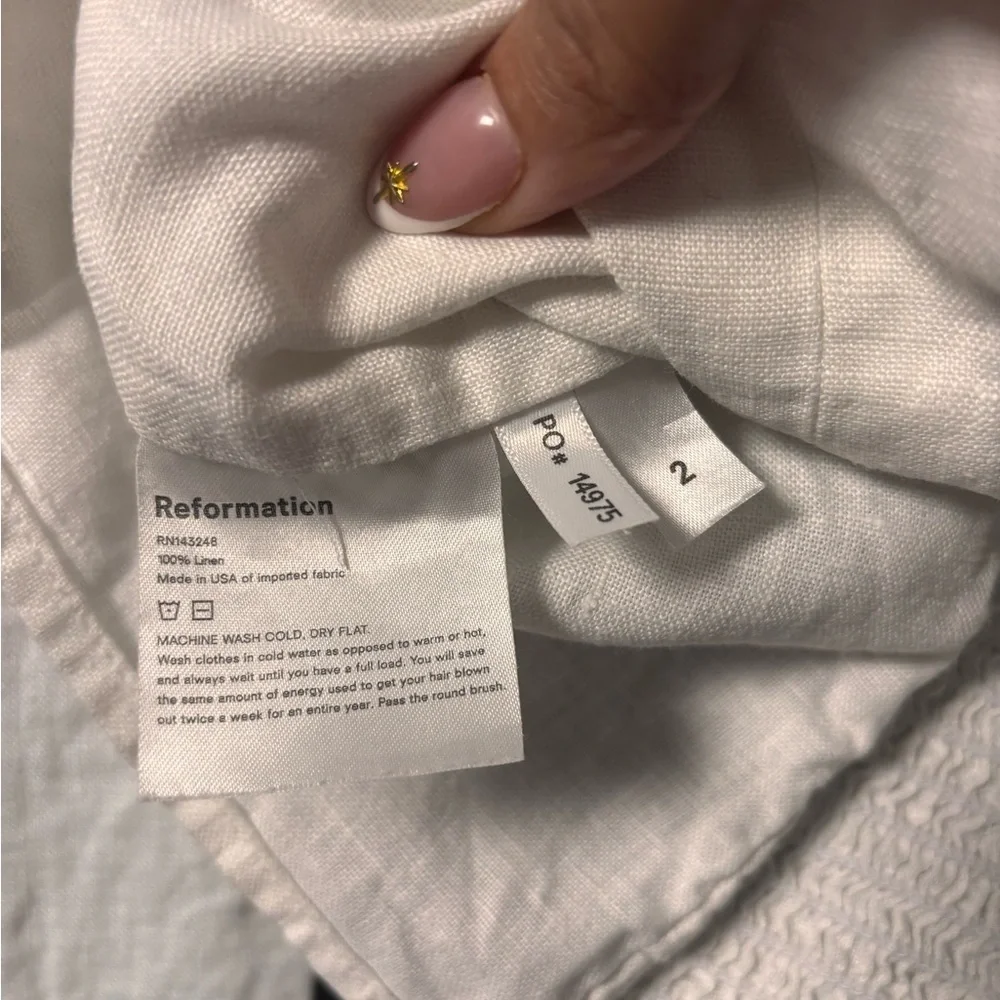 Reformation Stilton Linen Top Smocked Long Sleeve White Blouse Size 2